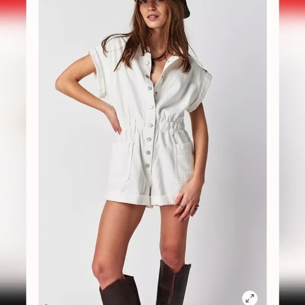 Sewn + Seen white denim romper button up button down snap 100% cotton‎